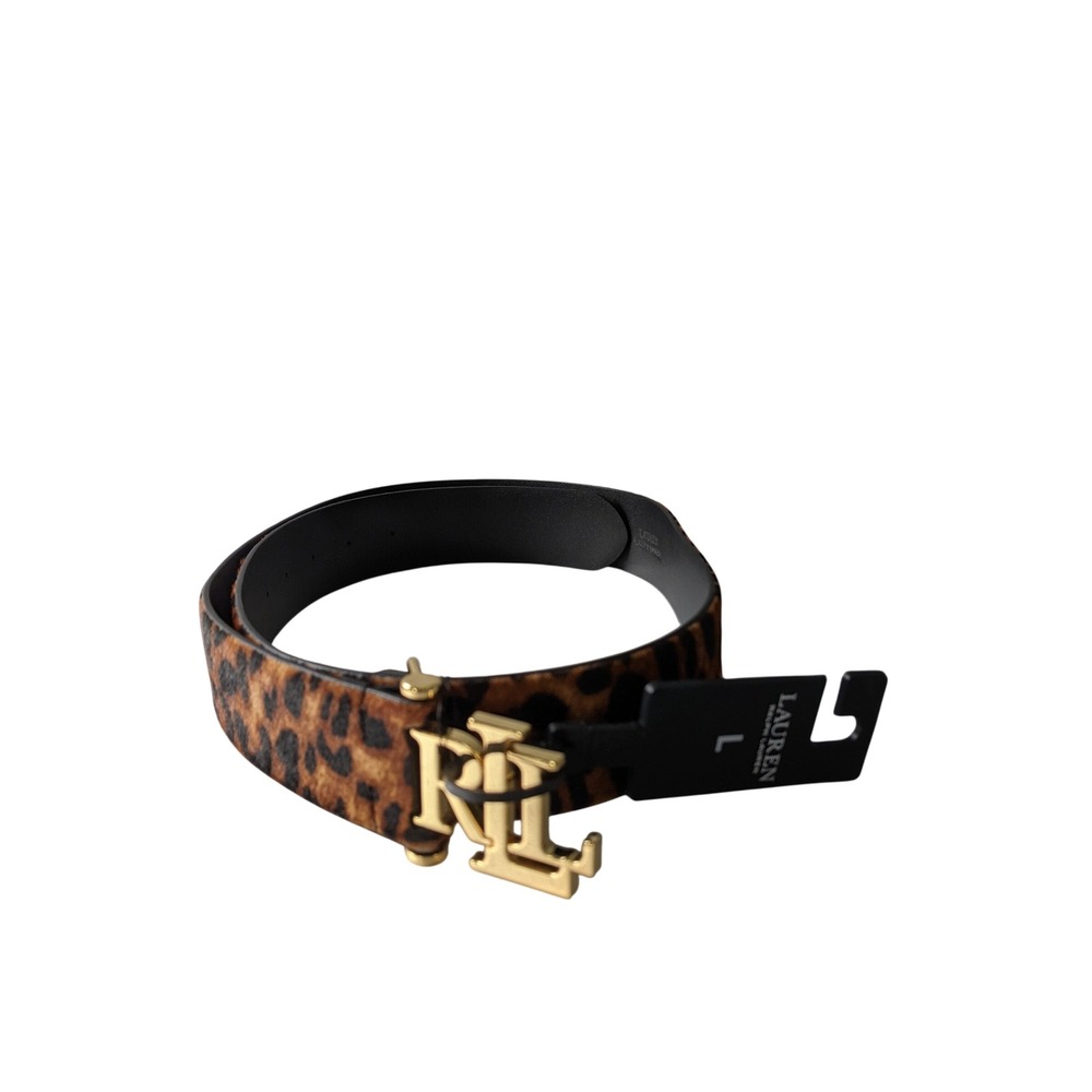 Lauren Ralph Lauren Leopard Print Calf Hair LRL Monogram Buckle Belt Large NEW